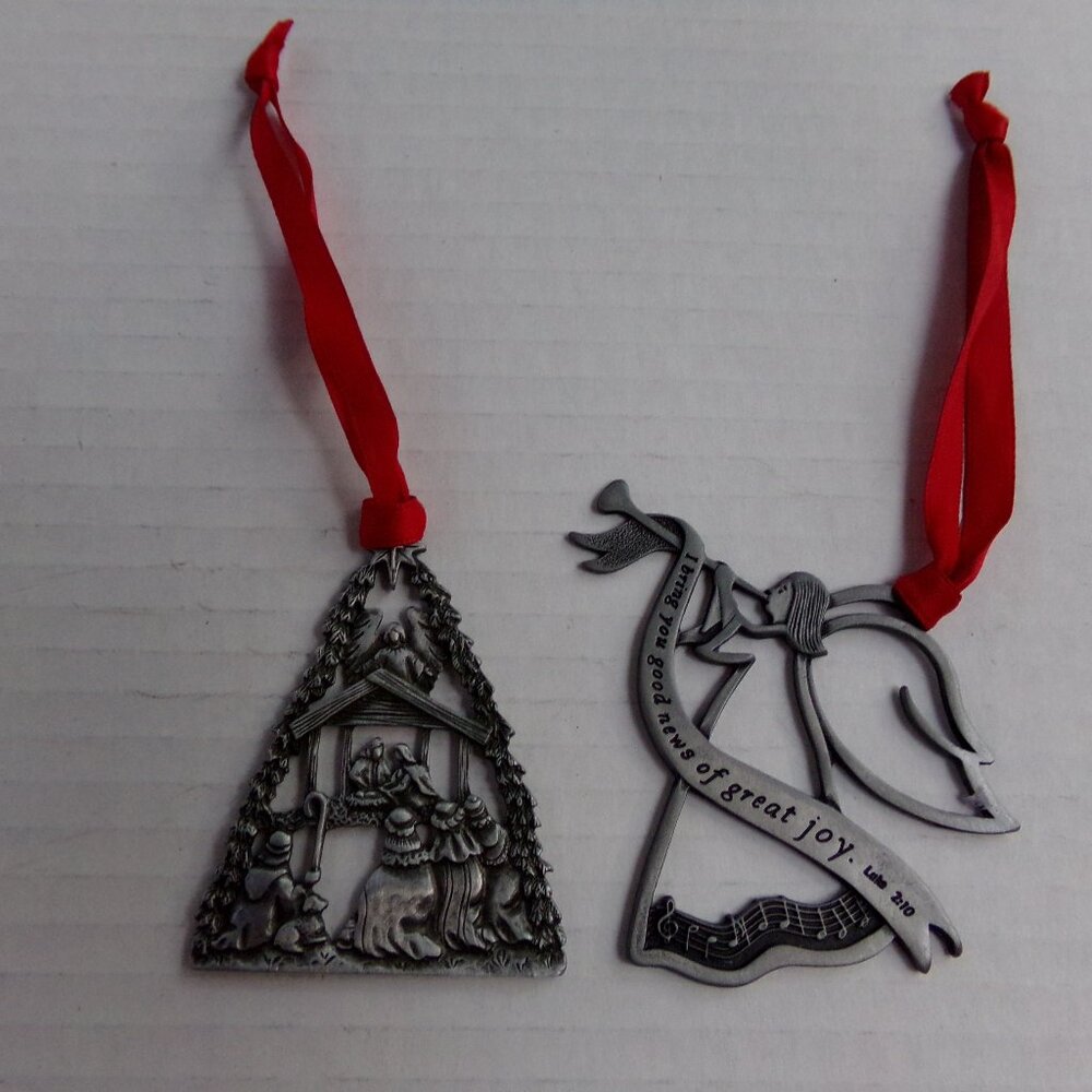 2 Christmas Holiday Decorations Hanging Tree Ornaments Pewter